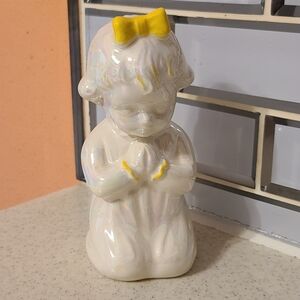 Estate Ceramic Praying Child Figurine with Yellow Bow